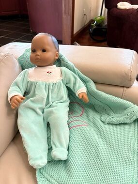 American Girl bitty baby  Doll with mint  Outfit and Mint Blanket